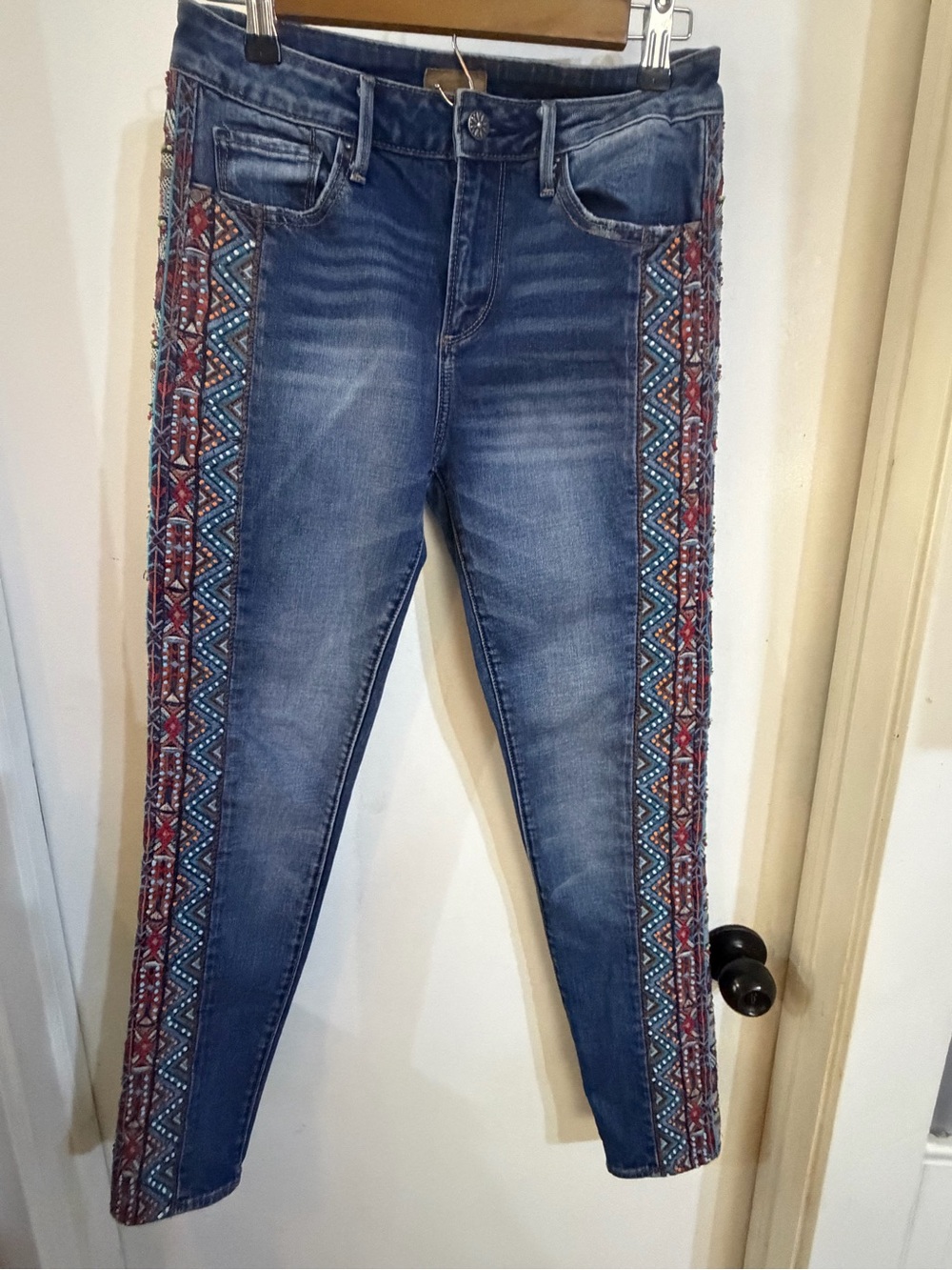 DRIFTWOOD Blue Skinny Jeans with Red & Turquoise Side Embroidery